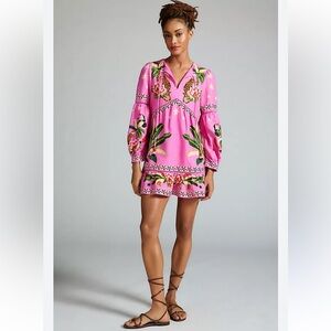 Farm Rio Anthropology leopard forest mini Vibrant Pink‎ Embroidered Dress